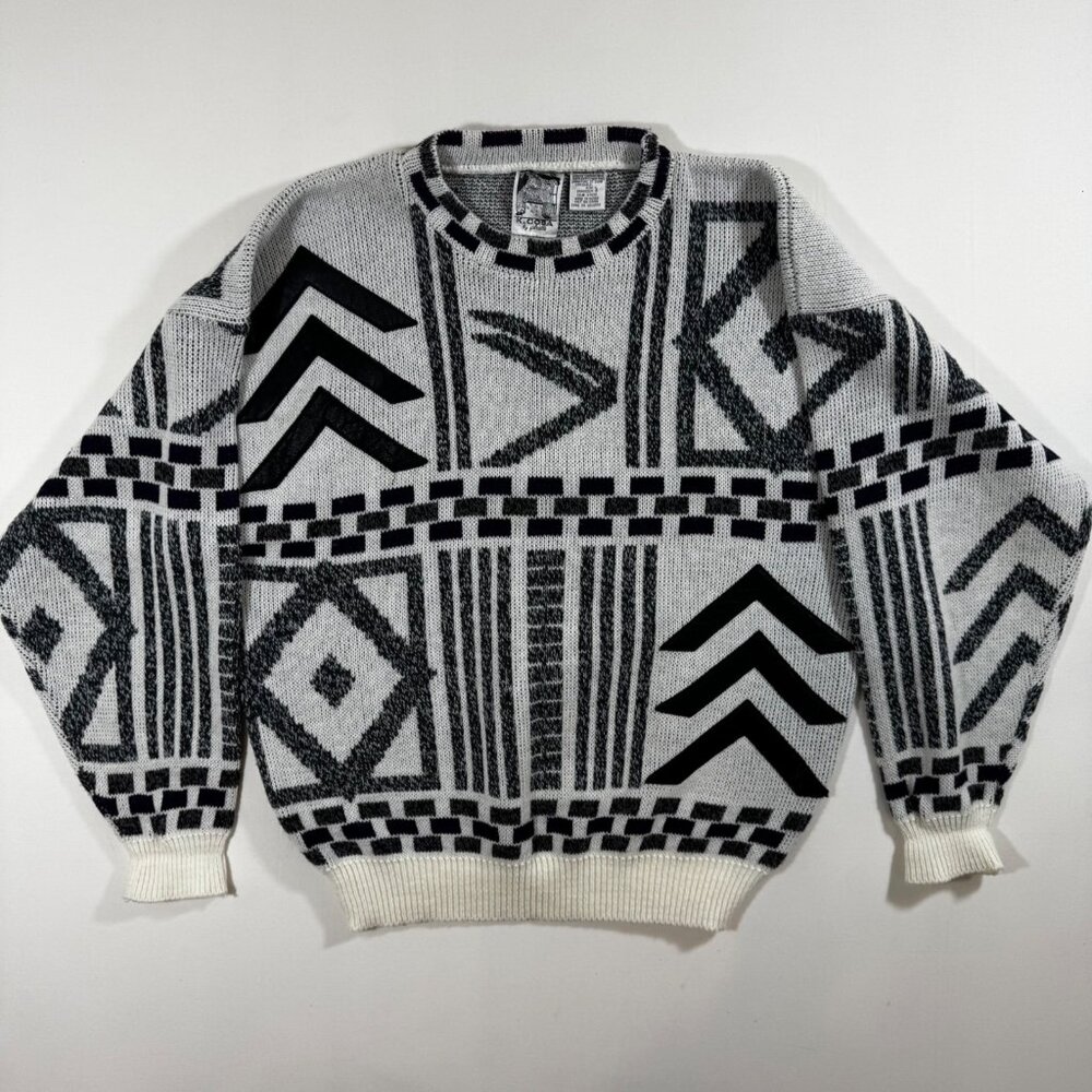 Vintage Geometric Knit Sweater White Black Purple Leather L 90s Y2K Grandpacore
